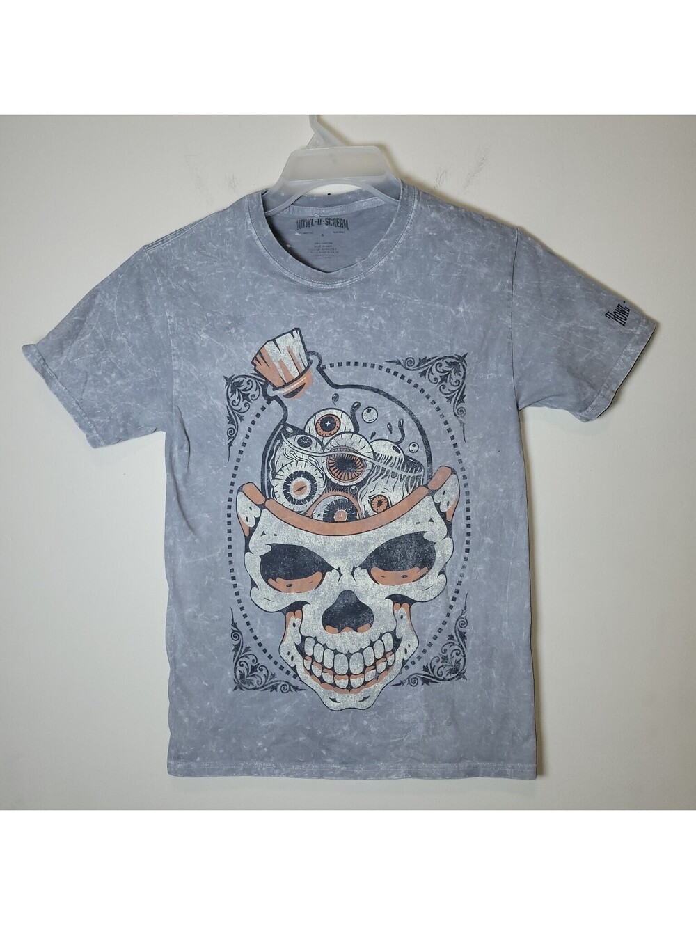 Howl-O-Scream Men's Gray Acid Wash Skull Eyeballs Shirt sz S Horror Halloween